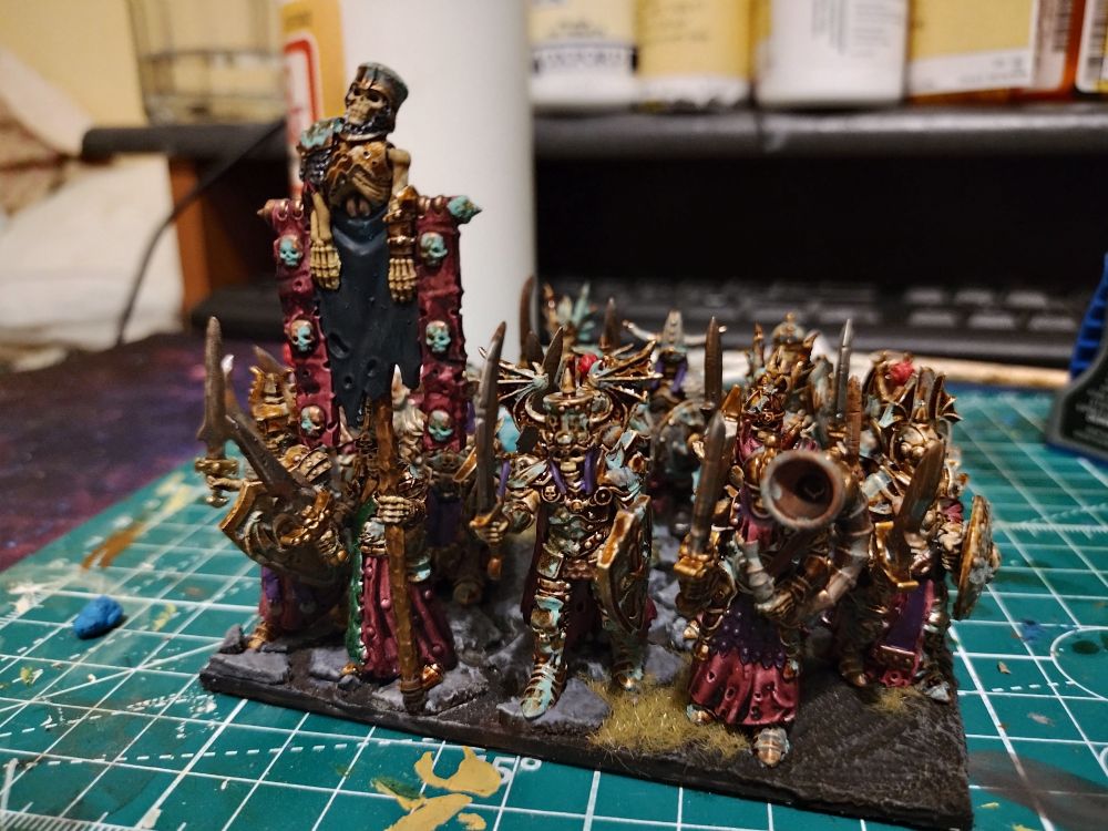 A unit of armored skeletons for a 28mm war game.