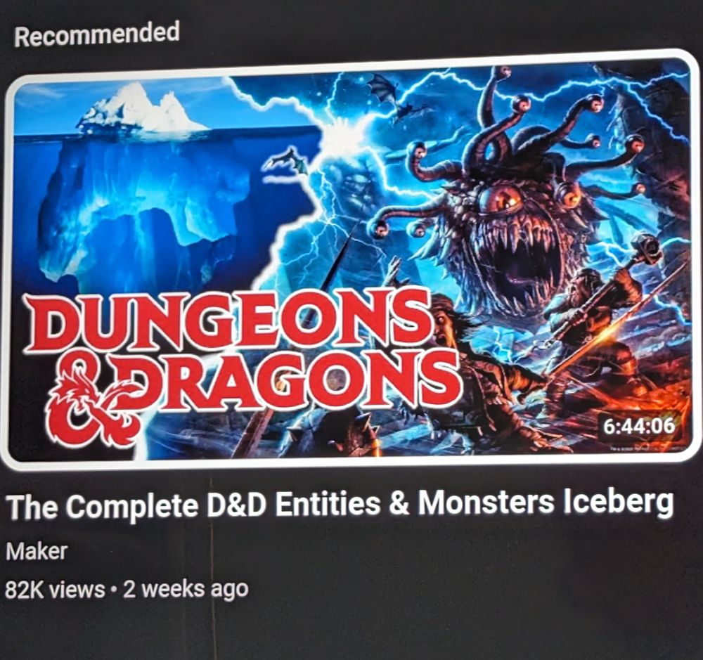 A thumbnail of a 6 hour and 44 minute long YouTube video about dungeons and dragons monsters