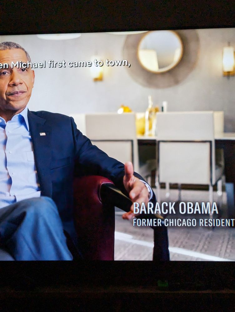A screenshot of The Last Dance. Former POTUS Barrack Obama is billed as a former Chicago resident.