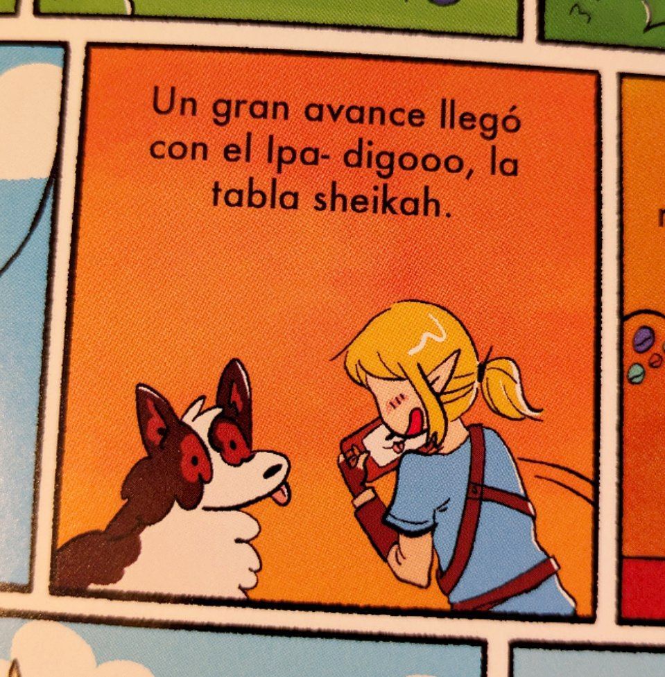 Link de The LEgend of Zelda haciendo fotos a un perrito con la tabla sheikah.