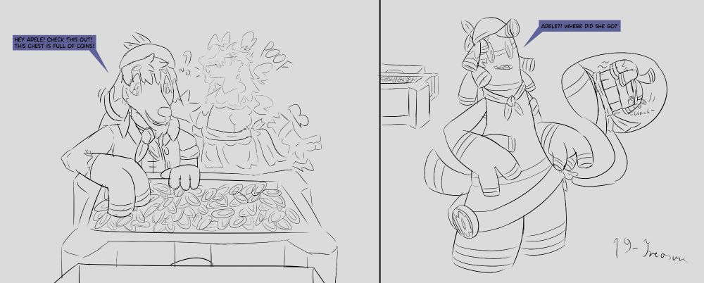 2-panel sequence.

Panel 1: Emile is looking and touching a Gimmighoul Chest full of coins. His left hand is partially transformed into that of Gholdengo. His hair also becomes made of coins. Emile says "Hey Adele! Check this out!
This chest is full of coins!". Adele in the background turns into a puff of smoke with a shocked expression, she is only able to say "Huh?" before that happens.

Panel 2: Emile fully transformed into Gholdengo can't find Adele. A zoom-in towards Emile's belt reveals that Adele got transformed into the small chest that Emile has on his belt. Emile says "Adele?! Where did she go?"