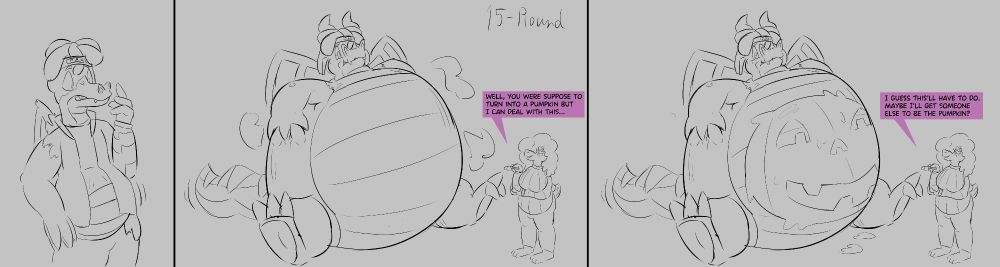 3-panel sequence

Panel 1: Max partially transformed into an anthro dragon

Panel 2: Max grew into a big dragon with a round body. Sarah stands next to him while holding a brush. She says "Well, you were suppose to  turn into a pumpkin but I can deal with this..."

Panel 3: Max has a pumpkin painted on his belly. Sarah stands next to him and says "I guess this'll have to do. Maybe I'll get someone else to be the pumpkin?"