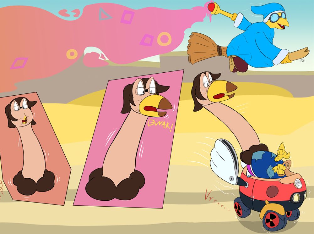 3 panels. Above them a cloud of magic being spread by Kamek on a flying broom.

Panel 1: Phantom's neck grows in size and a beak starts growing out of his face.
Panel 2: Phantom makes a "Qwak!" sound as his transformation finished and realises they forgot about driving.
Panel 3: Fully transformed Phantom panics as they are trying to control the driving wheel with their bird feet.