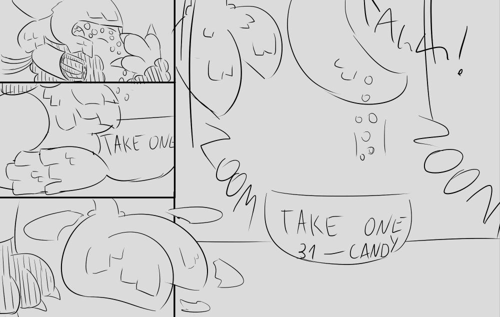 Zoom ins of lower face and neck, the belly, feet turning into ones of a pinata Chocobo. The big image has White getting pulled up off-panel while he screams "Ahh!". He drops several pieces of candy from his wing hand back into the bowl.