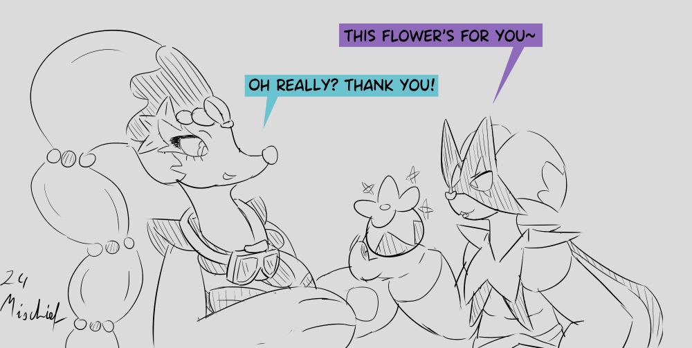 Adva the Primarina is recieving a Flower gift from Nyadva the Meowscarada.

Nyadva says "This flower's for you~"
Adva replies "Oh really? Thank you!"