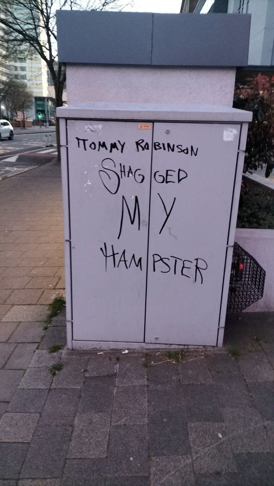 An electrical cabinet or broadband thing or whatever, with graffiti written on it in black marker pen. The graffiti says (sic): 
πommy Robinson Shagged My Hampster.