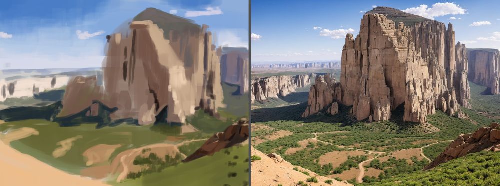 A drawing study of a mesa surrounded by other smaller ones, with spotty greenery and bare soil inbetween it all. Paths trail through the ground.

Right side is referenced photo
Left side is my study
