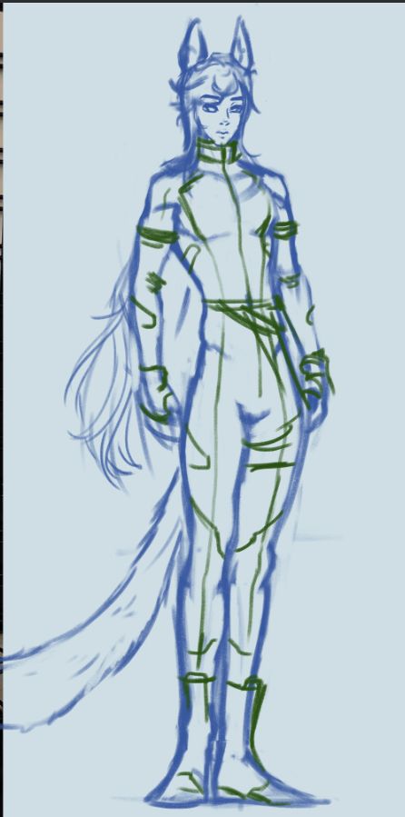 Very light blue background with a sketched man. "Dog" ears and tail, long hair, wearing a body suit with boots. Sketch by Octoblu0