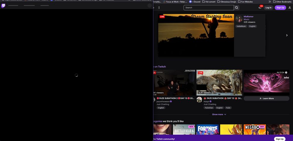 Right Image: a browser with a black background and a loading symbol
Left Image: Twitch.tv fully loaded and ready for interaction