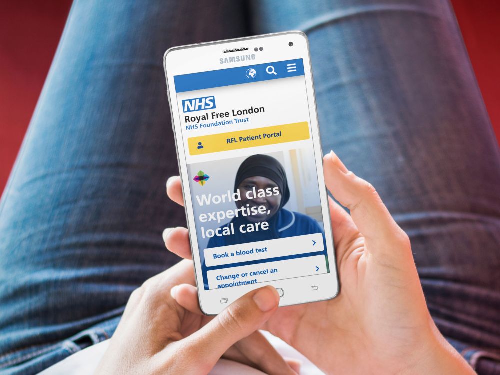 Royal Free London website shown on mobile phone screen