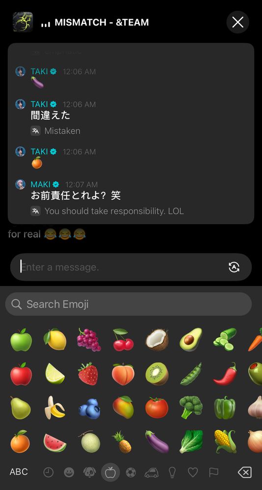 &team’s taki mistakenly sending the eggplant emoji instead of the tangerine emoji in a weverse listening party.