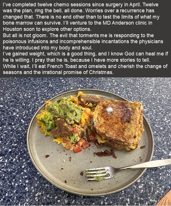 My standard breakfast of French Toast and scrambled eggs made with vanilla protein shake, cheese, tomato, sausage, guacamole, and broccoli.