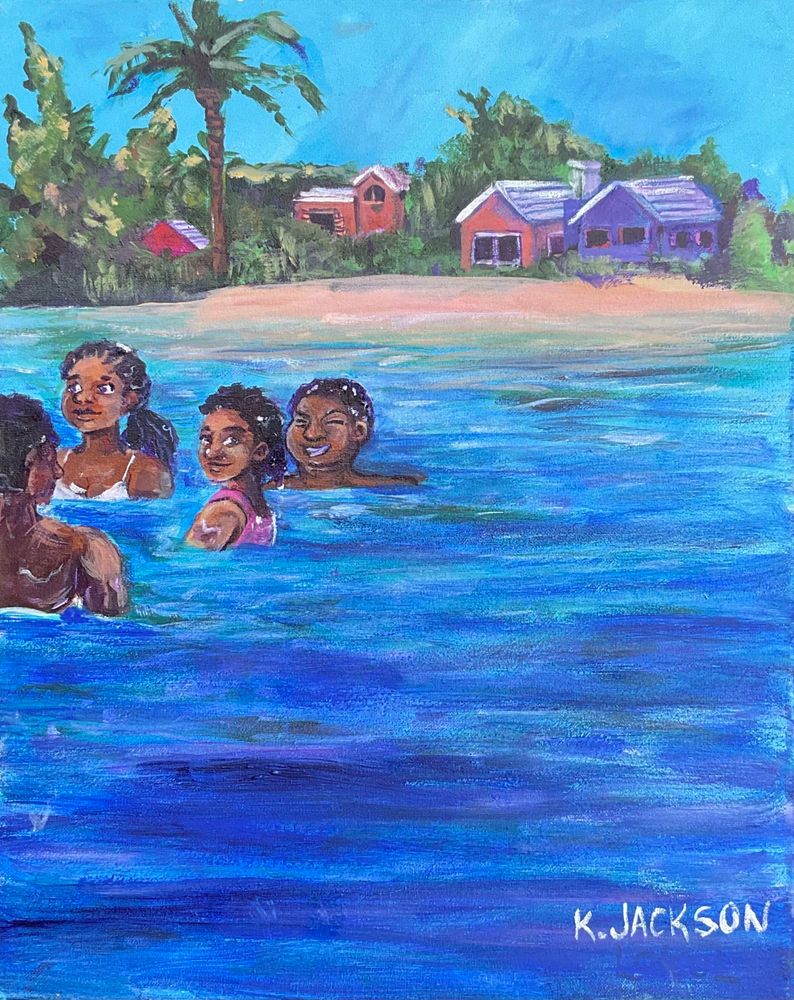 Am acrylic painting of a beach scene, 3/4 of the scene is ocean - the water is a vivid deep blue. Four swimmers. Black, all youthful.  An island setting with palm trees and pastel houses on a pink beach behind them in the top 1/4 
