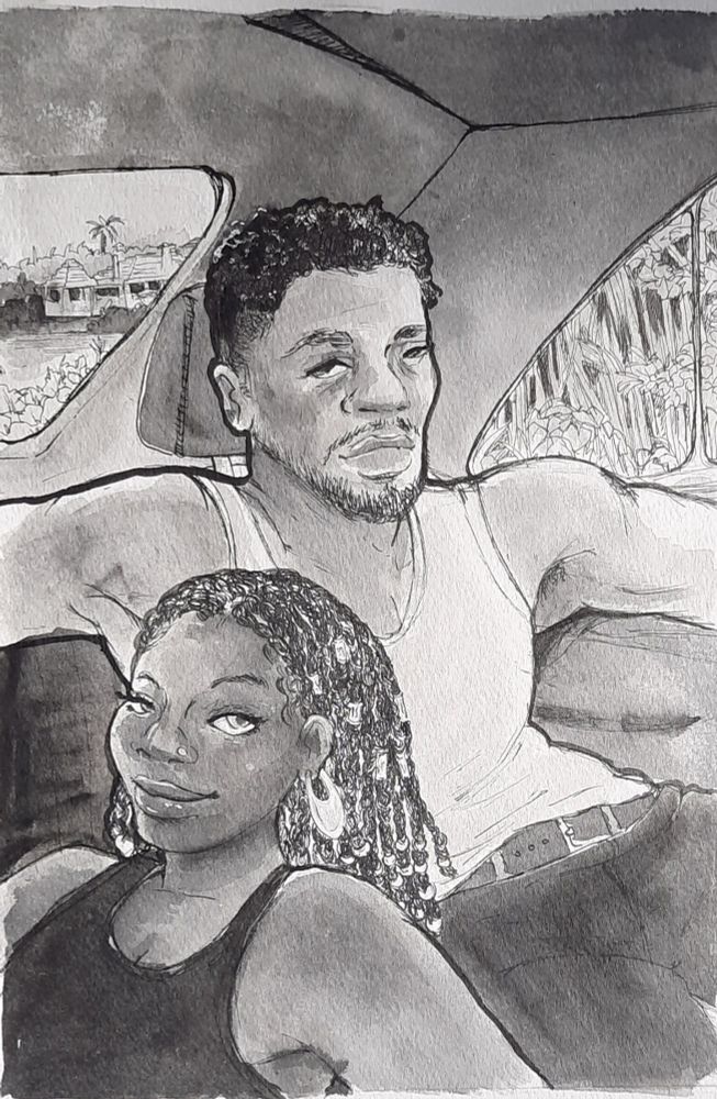 A black and white ink drawing of a black couple in the back of a car. The man has outspread arms, tank top and jeans. Short curly hair. The woman leans on him, she had detailed braids with jewellery and big earrings. 
