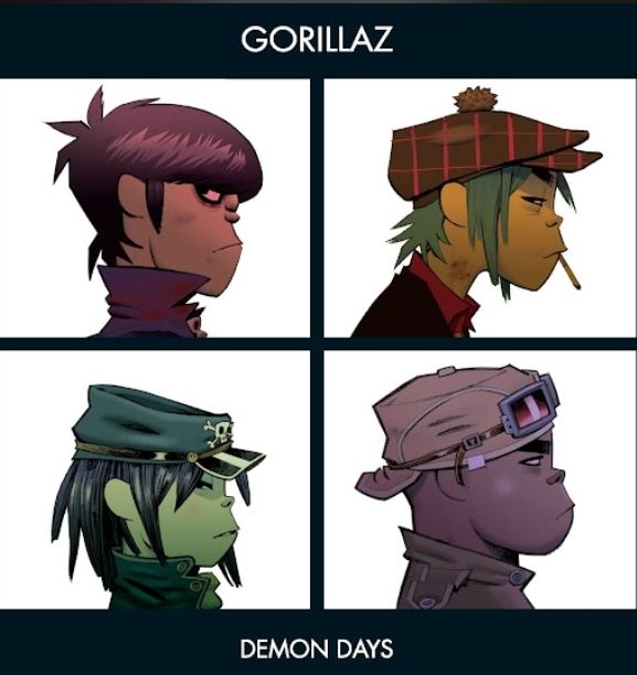 Demon Days - Gorillaz, split into four are carroon portraits of the fictional band all facing right. 