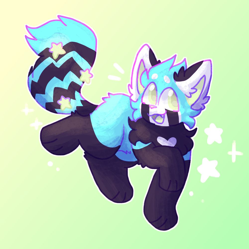 Gem, a teal, dark gray, and white cat and red panda hybrid with yellow-green eyes and matching stars in their tail. They're smiling and raising a front paw and hind paw, seemingly running. Some sparkles and stars are around them.