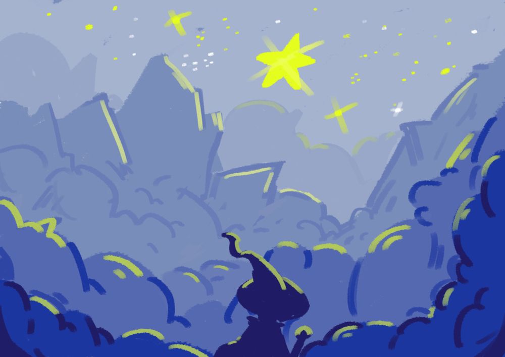 the image attached is a painting:
a mostly blue and yellow painting, depicting a scenery probably high up in the clouds. the night sky is visible and you can see stars, especially one big prominent one in the background. the other main focal point of the painting is a wizard, identifiable by the big hat, who stands in the middle lower center of the image. they are in shadow and mostly one dark blue color, though yellow highlights can be seen on them, as the light of the star beams down on them. they appear to be looking in that direction. in the background you can also make out some jagged shapes, probably mountains, as well as clouds. to the left and right sides of the wizard and perspectively close to the viewer you can see other masses of clouds.
