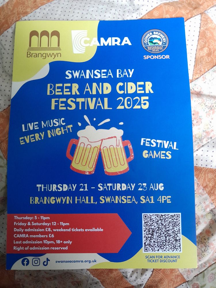 Poster for Swansea beer and cider festival at the Brangwyn, 21st to 23rd August 