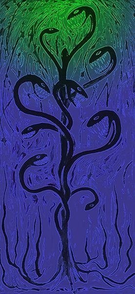 Black snakes entwined with mouths open like Venus flytraps on a purple and green background