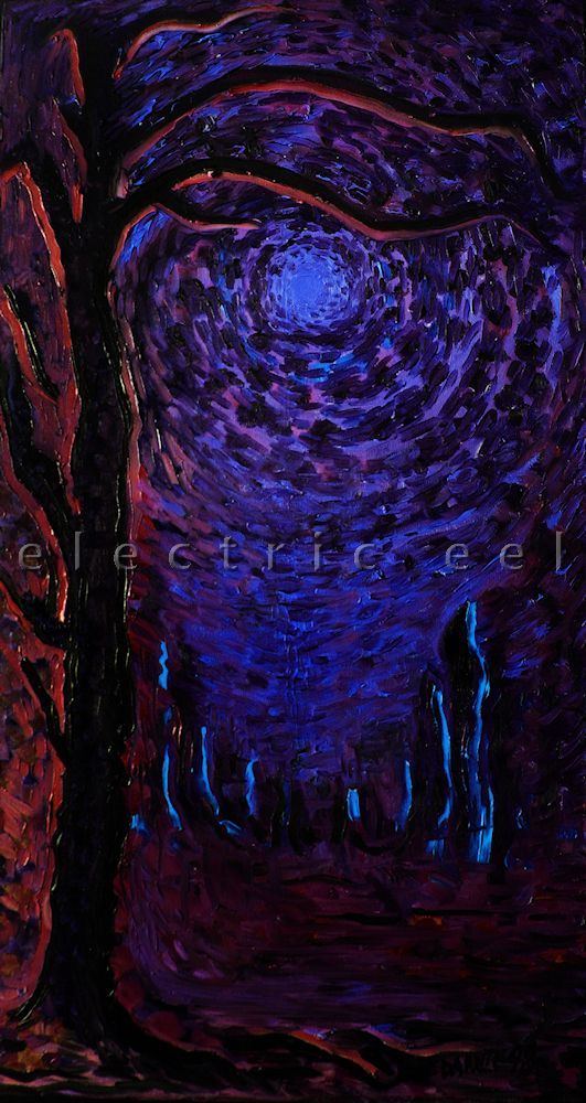 tall off-center tree with red backlighting and blue plasma streams under an indigo purple sky