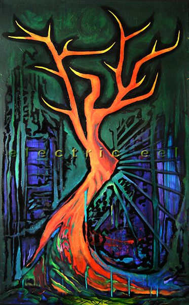 A barren orange tree with sharp branches on an indigo and green background