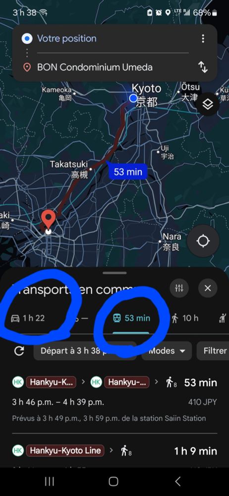 Carte Google Maps d'un itinéraire entre Kyoto et Osaka où le train est plus rapide que la voiture. 