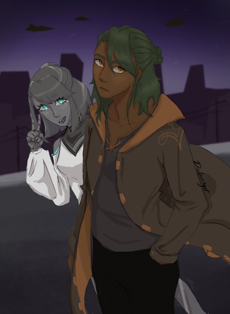 Robot and guy in pirate cloak in a filuturistic city made in 2025