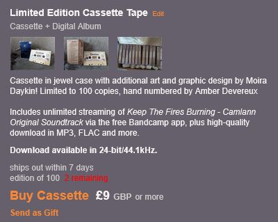a screencap of the Tin Can Audio Bandcamp page, specifically the listing for the Limited Edition Cassette Tape of the Camlann soundtrack, with a small piece of red text that says '2 remaining'