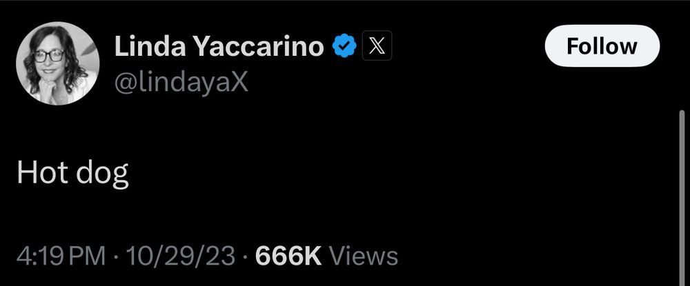 Linda Yaccarino tweets only "Hot dog"