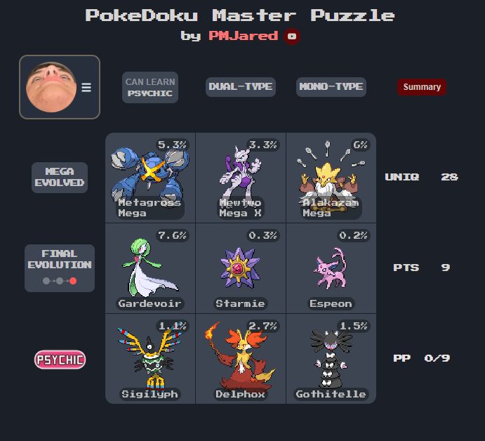 11/1/25 pokedoku in which all my solutions share the psychic type