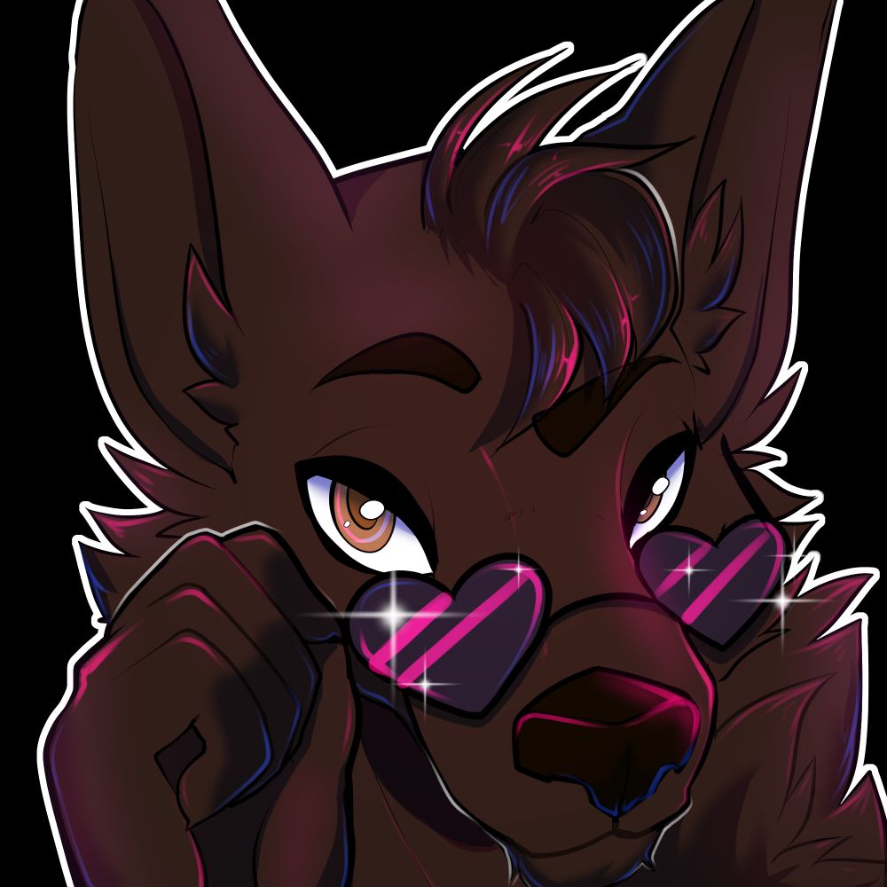 Black dog fursona head bust with pink/purple highlights looking at the viewer over a pair of heart-shaped sunglasses that he is pulling down over his snout.