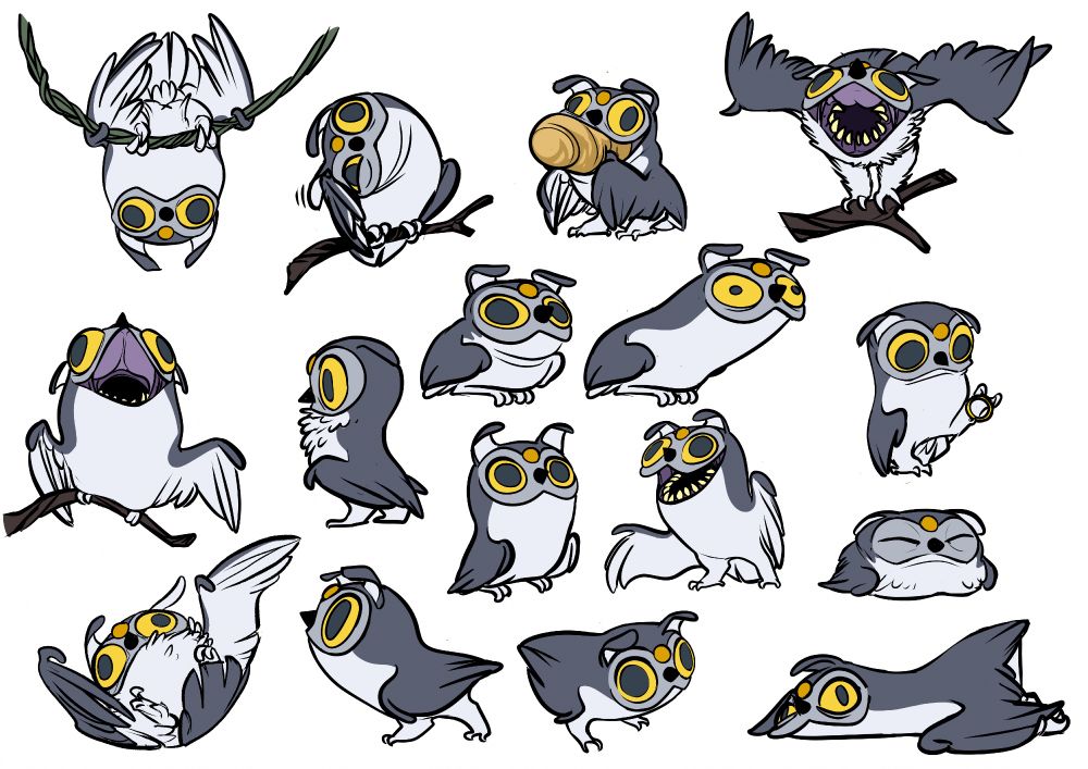 A study of poses on a cartoon animal that looks like a weird mix of a pug and an owl.