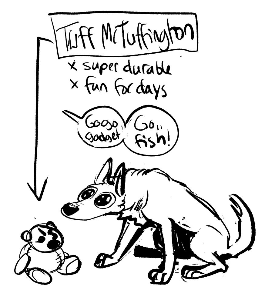 Dog waiting for permission to pick his new favorite toy that is advertised been made from the toughest material there is.