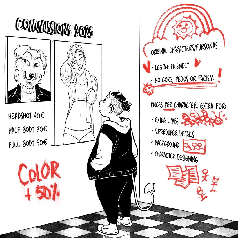 Commission prices and guidelines. Headshot 40€, half body 70€, Full body 90€. LGBTA+ friendly, no gore, pesos or racism. Prices per character, extra payment required for extra limbs, super duper details, background and for actual character designing. 