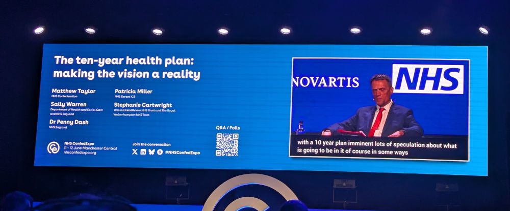 A blue screen reading The Ten-Year Health plan; making the vision a reality. With Penny Dash, Matthew Taylor, Sally Warren and Patricia Miller. 