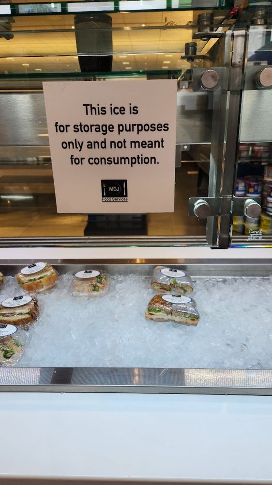 A picture of a sign at a John Jay University Cafe that reads, "the ice is for storage purposes only and not meant for consumption."