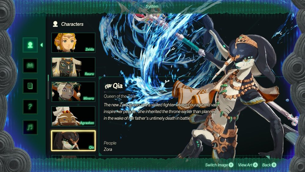 Qia, Queen of the Zora. Her head-fin part is modeled after a narwhal, so she has a single horn protruding from her forehead. A skilled fighter who inherited the throne suddenly when her father was killed in battle.