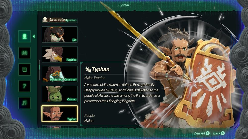 Typhan, a Hylian Warrior. A middle-aged man wielding a sword and a large bell-shaped shield. Described as a veteran soldier sworn to defend the royal family.