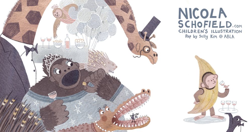 Kidlit illustration postcard of a bunch of animals dressed very fancy (top haps, monocles, and tiaras) staring in surprise at a monkey who has come to the party wearing a banana costume.
