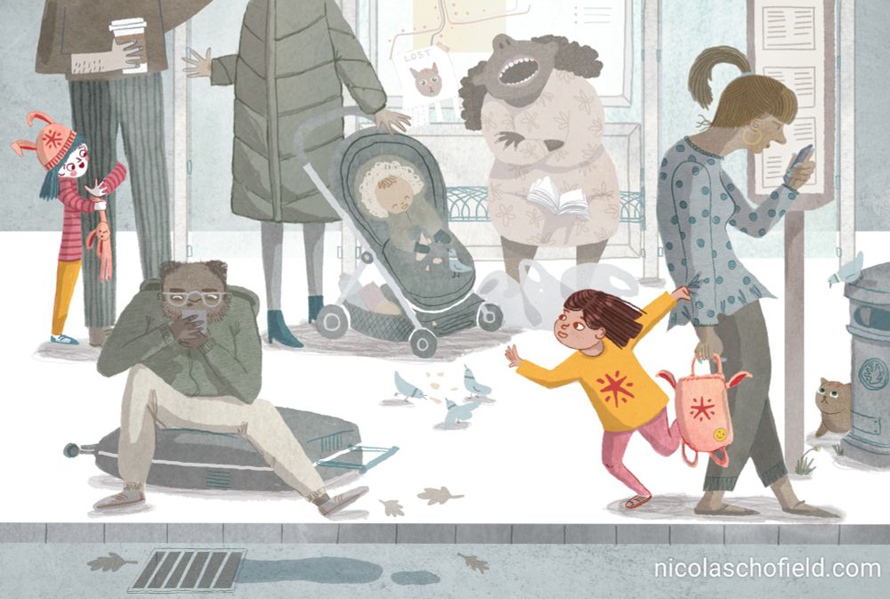 #kidlitart illustration of two girls with spotting each other and waving across a crowded bus stop. Their parents are distracted and they have the same taste in toys and clothes. Instant friendship.
