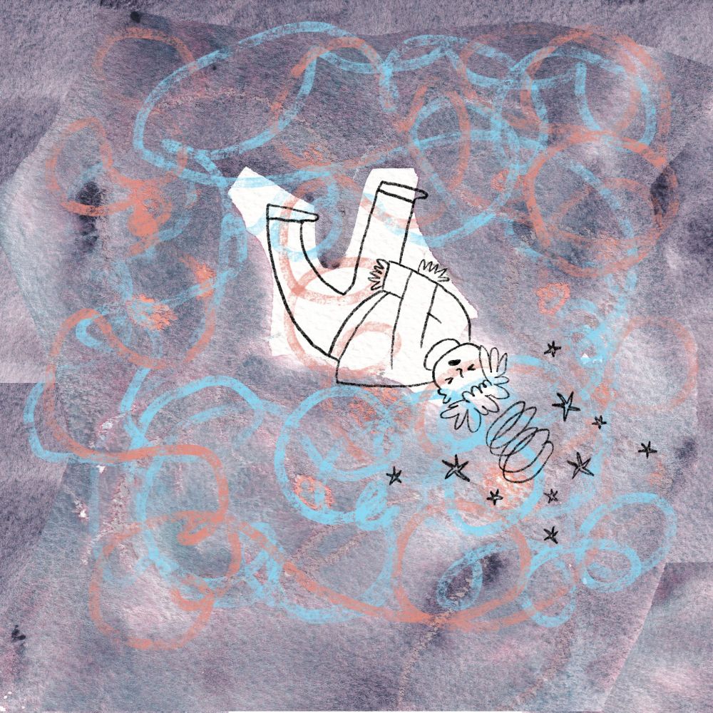 Watercolour illustration of a boy swept up in a storm