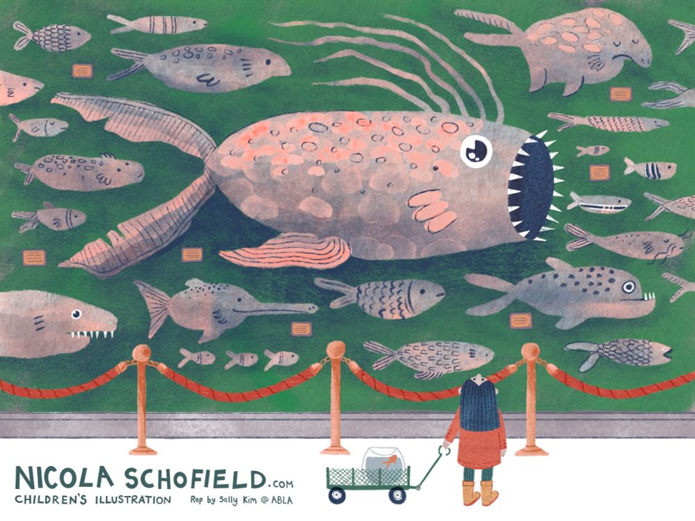 Kidlit postcard of a girl with a goldfish looking at a display of wild and wonderful fish in a museum