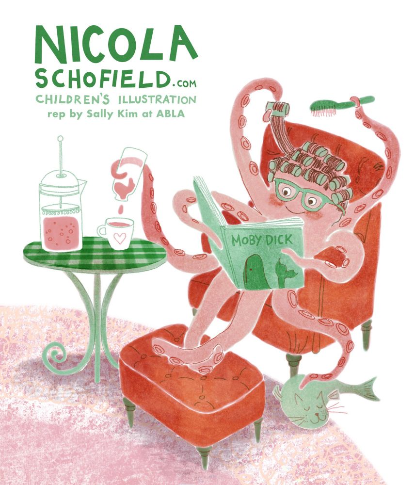 Illustrated postcard in red and green showing an octopus relaxing in a comfy chair and simultaneously curling her hair, reading a book, petting a catfish, and making coffee.