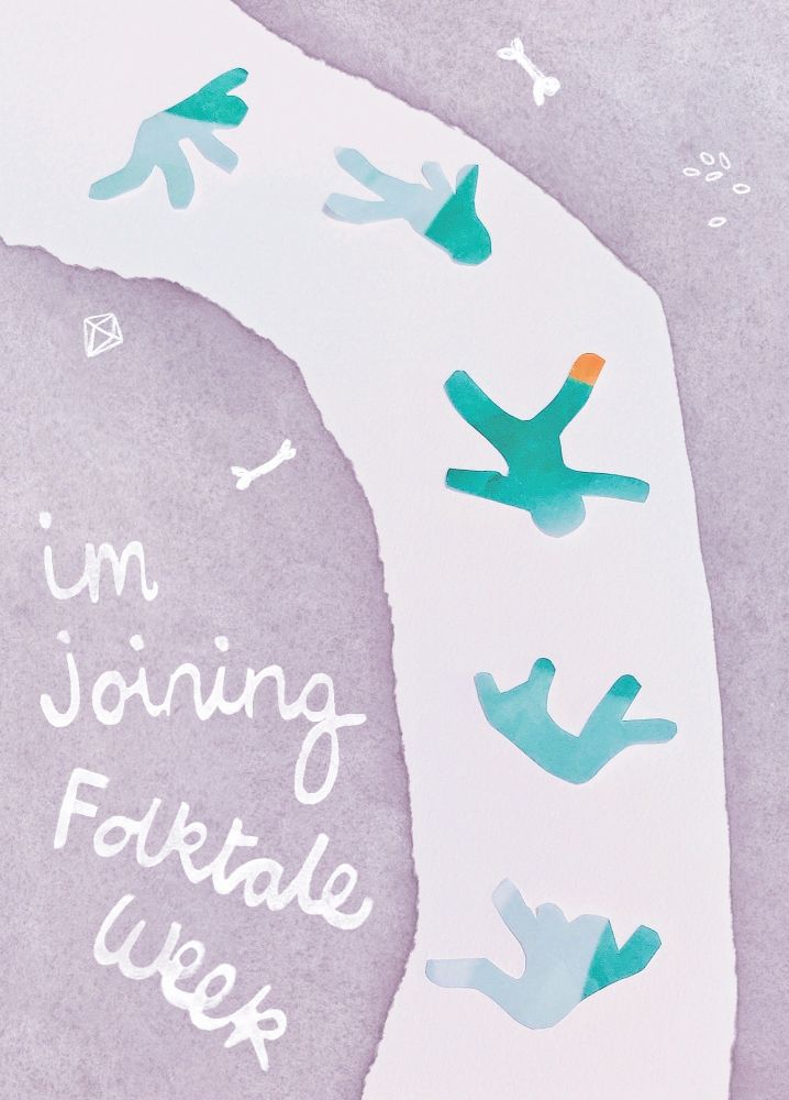 Cut paper and watercolour illustration showing a semi-abstract figure falling down a deep hole. Hand written text reads I'm joining Folktale week.