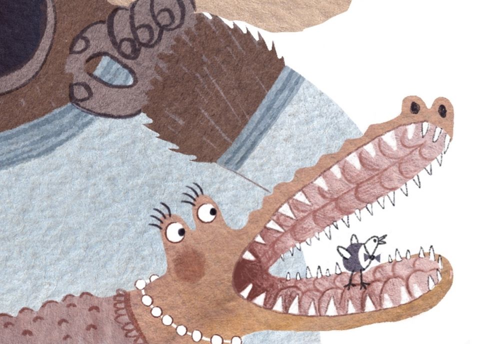 Work in progress kidlit illustration of a nicely dressed crocodile looking in surprise at something off to the right.