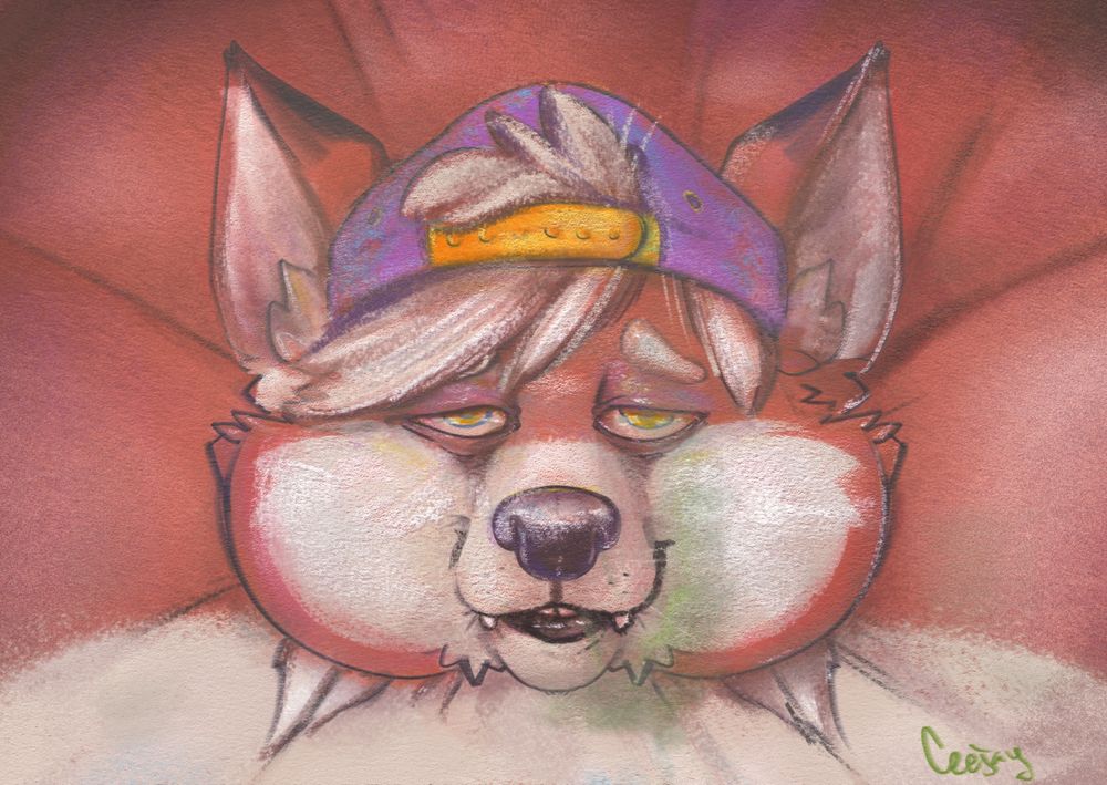 A hand drawn and painted portrait of Ceejay, a fox, inflated huge and his head sunken in. Green fog is trickling out of the side of his mouth