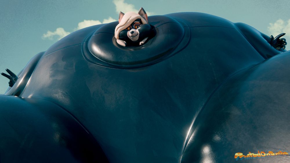 A portrait of a gigantic fox woman in a black latex catsuit blown up spherically with photorealistic detail on her hull