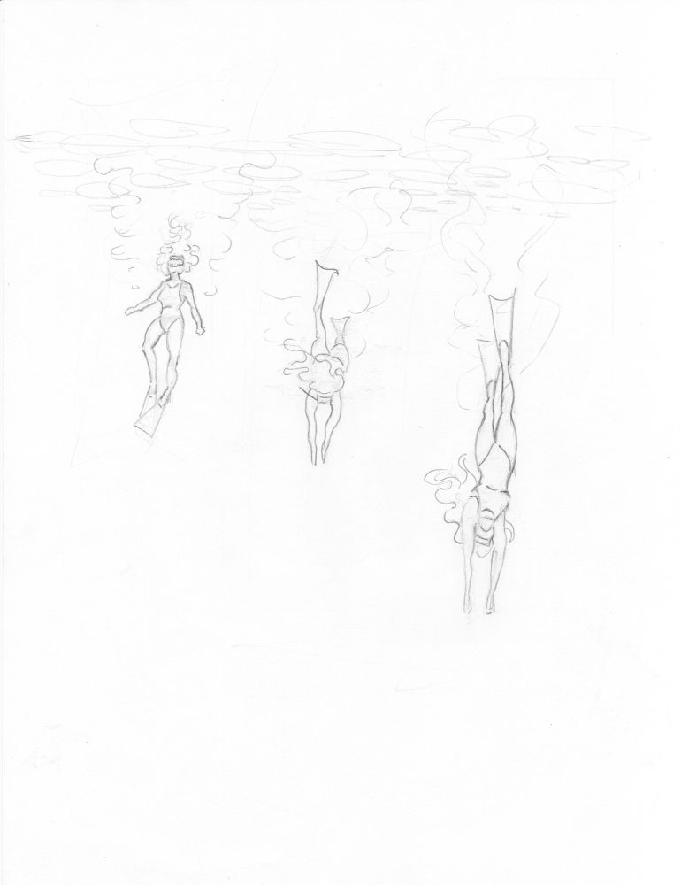 Sketch of a woman freediving 