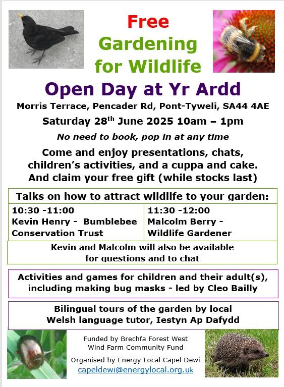 English language version of a poster advertising a free 'Gardening for Wildlife' event.