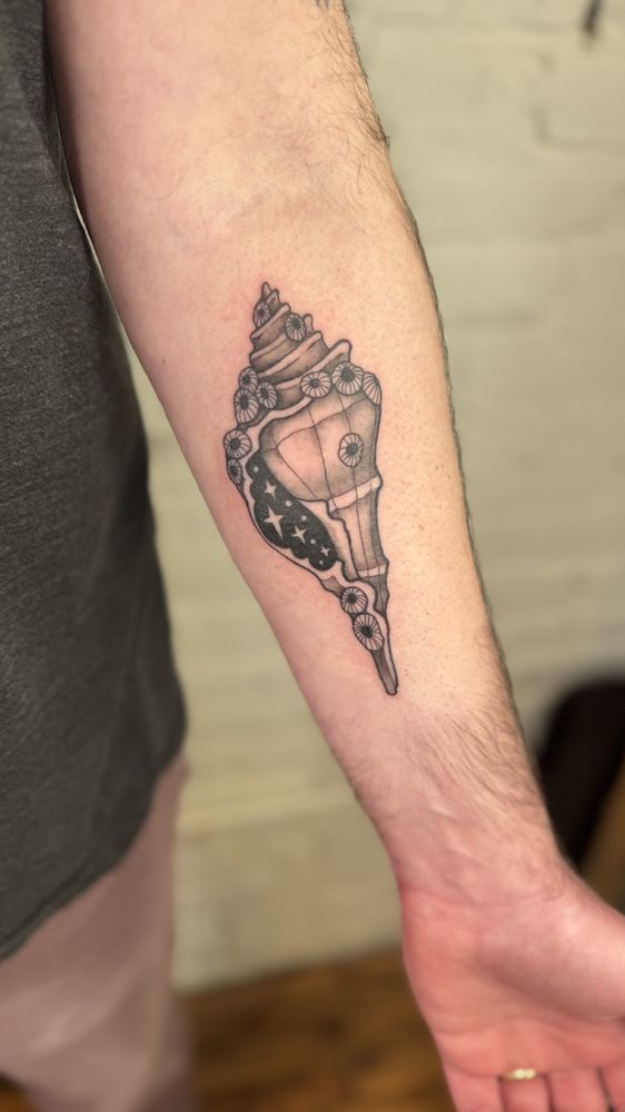 A tattoo on my left arm of a conch shell with barnacles all over it. The opening is full of stars.
